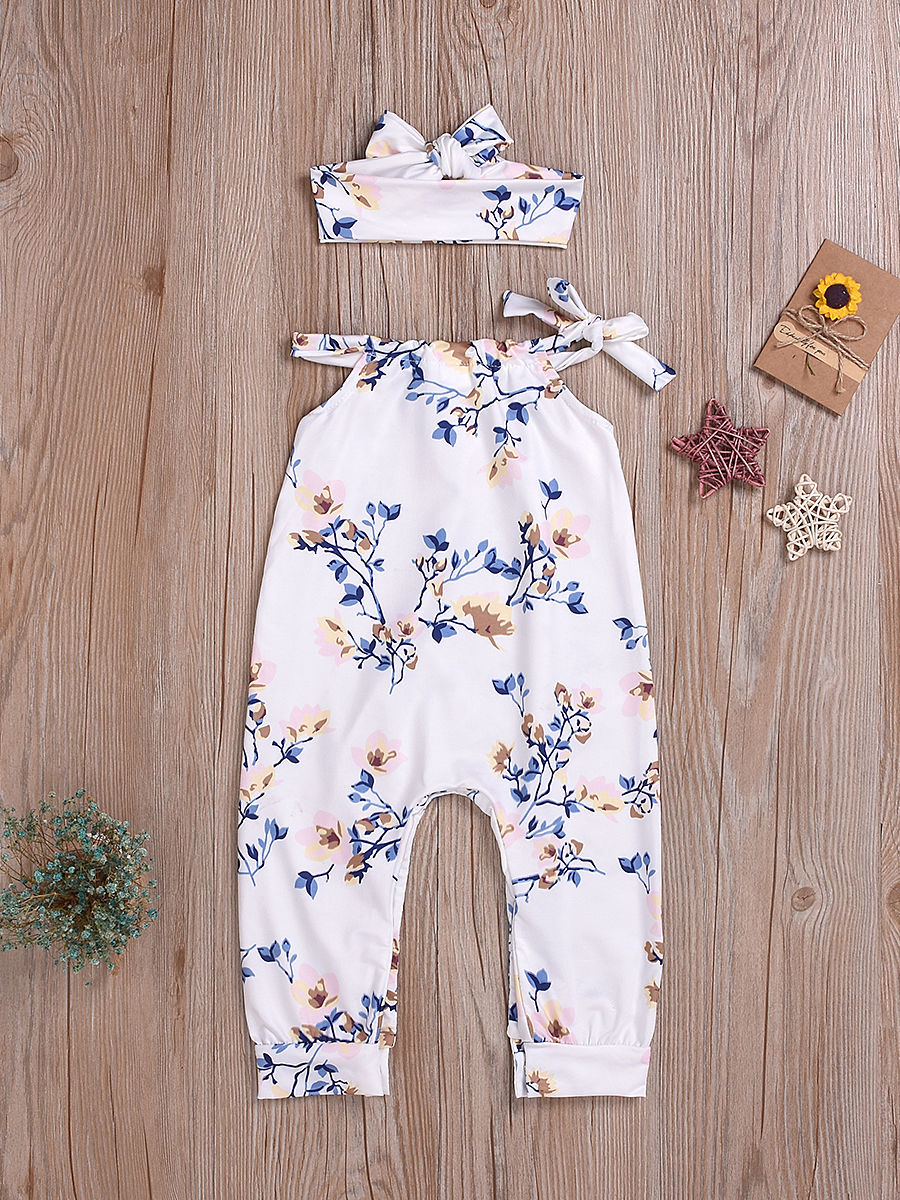 Baby Girl Floral Jumpsuit With Matching Headband