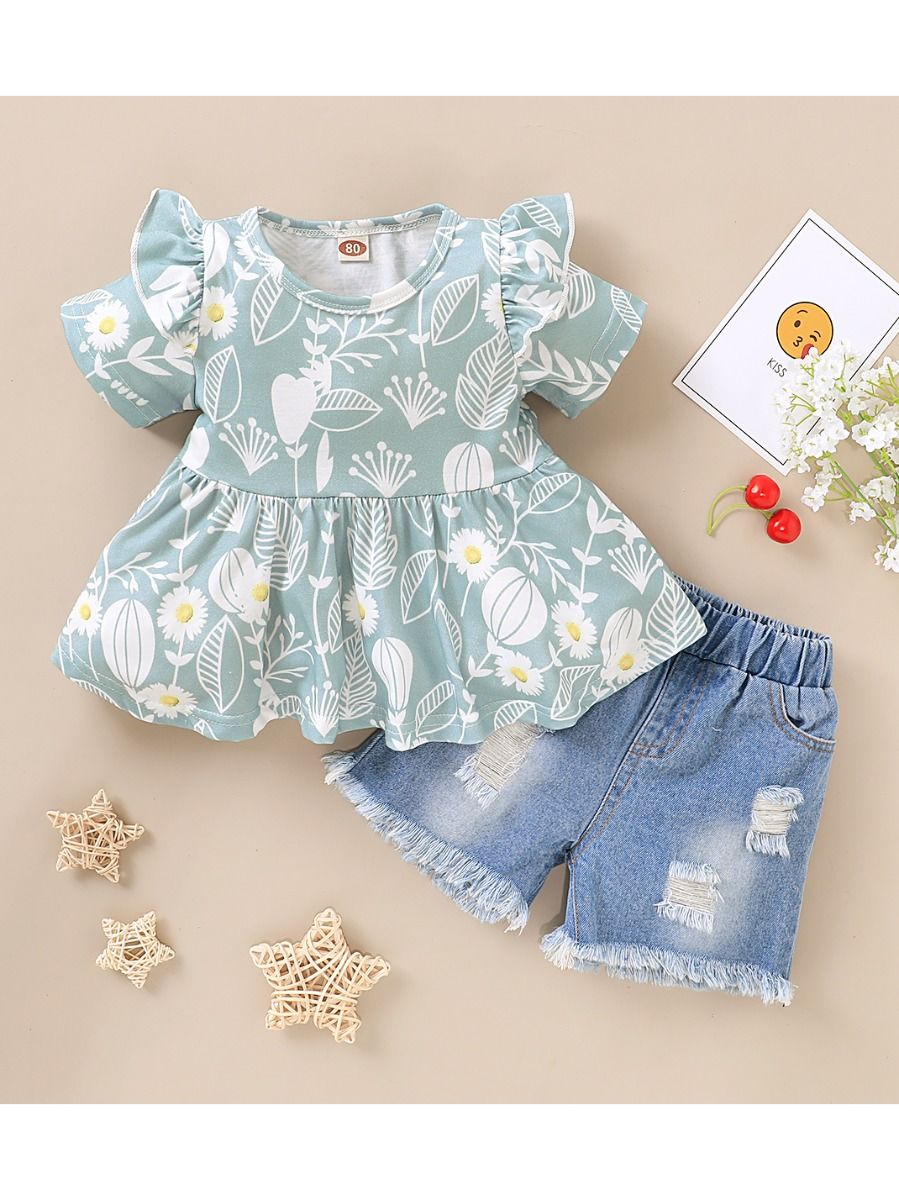 Toddler Girl Flower Top & Ripped Fringed Hem Denim Shorts