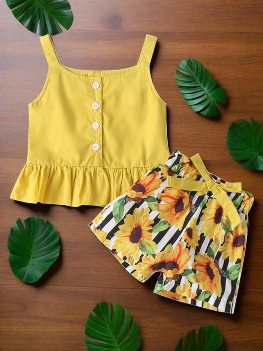 2-Piece Yellow Suspender Top and Sunflower Shorts Outfits