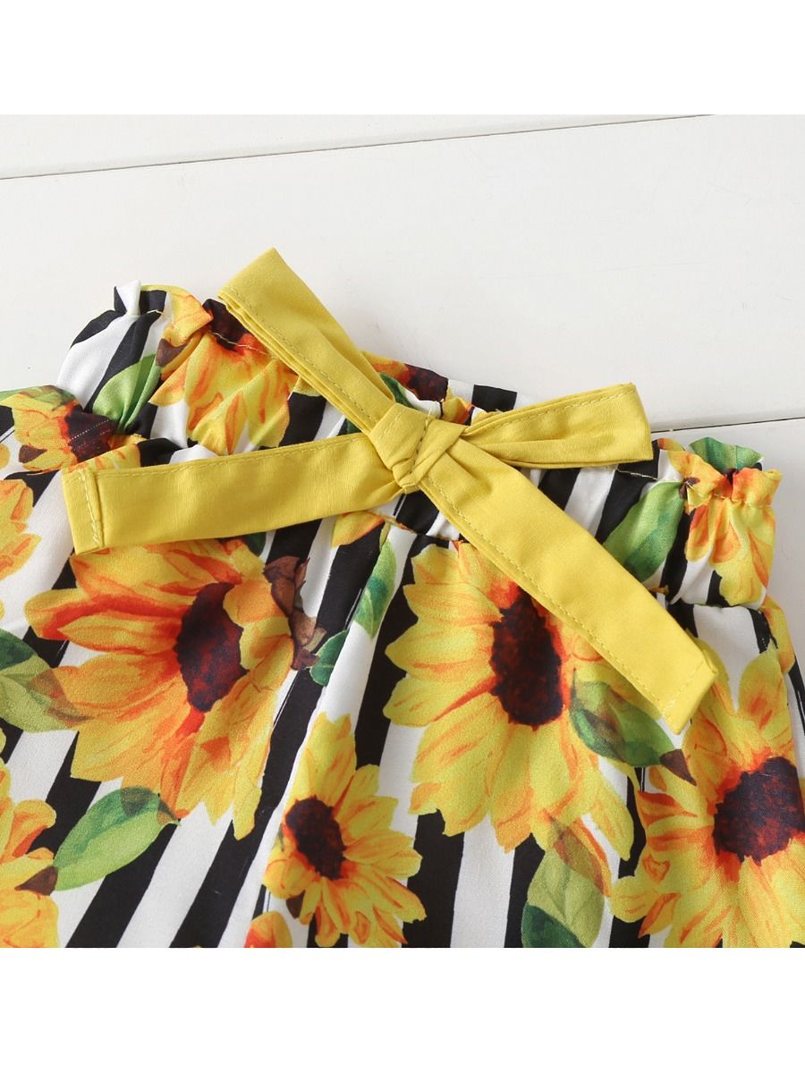 2-Piece Yellow Suspender Top and Sunflower Shorts Outfits